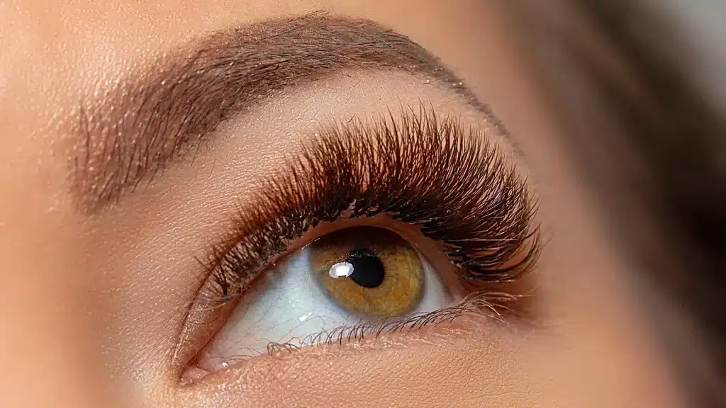 A close-up shot of an individual's longer and fuller lash and brows.