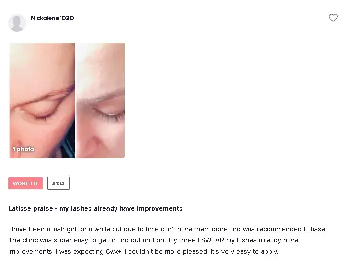 A patient praises the efficacy of Latisse in their RealSelf user review.