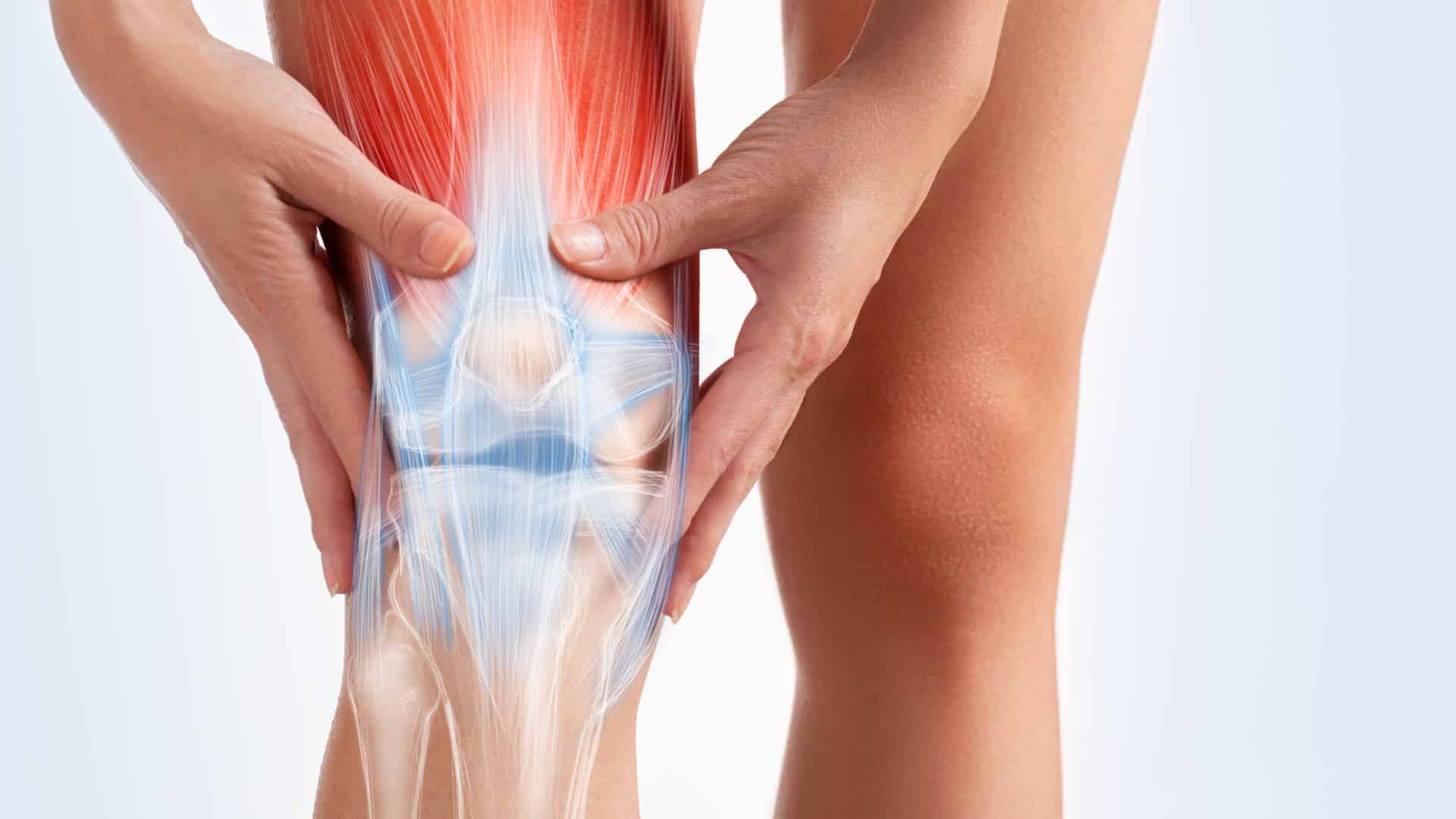 The image shows a person holding their knee, revealing underlying anatomical structures like muscles and ligaments through a transparent overlay, highlighting the complexity and intricacy of the knee joint.