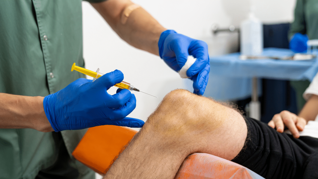 A healthcare professional wearing blue gloves injects a syringe into a patient's knee. The patient, lying on a medical bed, wears black shorts. Medical equipment and a bandage are visible in the background.