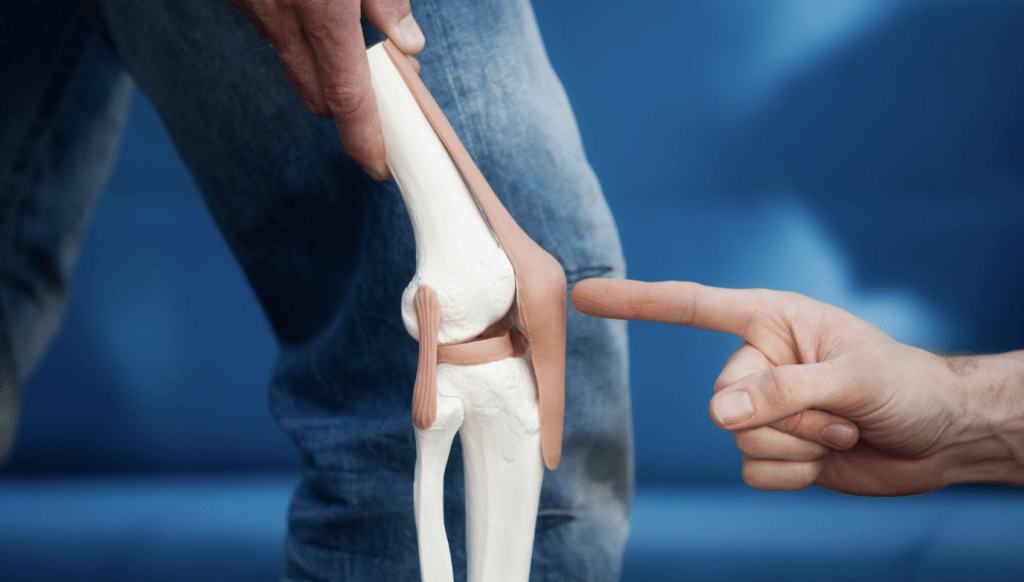 A person points at a model of a human knee joint while someone holds it. The model displays bones, ligaments, and cartilage. The person holding it wears blue jeans, and the background is blurred blue.