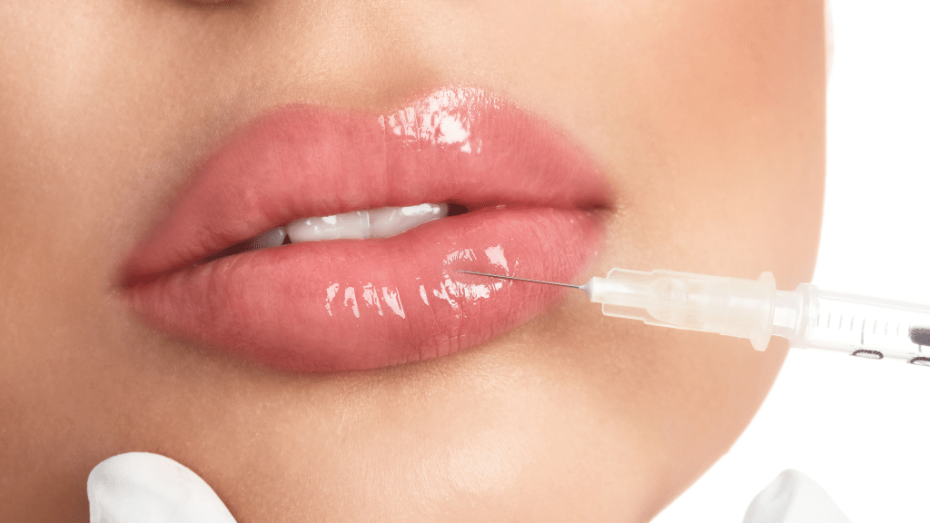 Close-up of a person's slightly parted, glossy lips receiving an injection from a syringe held by a gloved hand. The focus is on the lips and the syringe, indicating a cosmetic procedure, possibly lip augmentation or filler treatment.