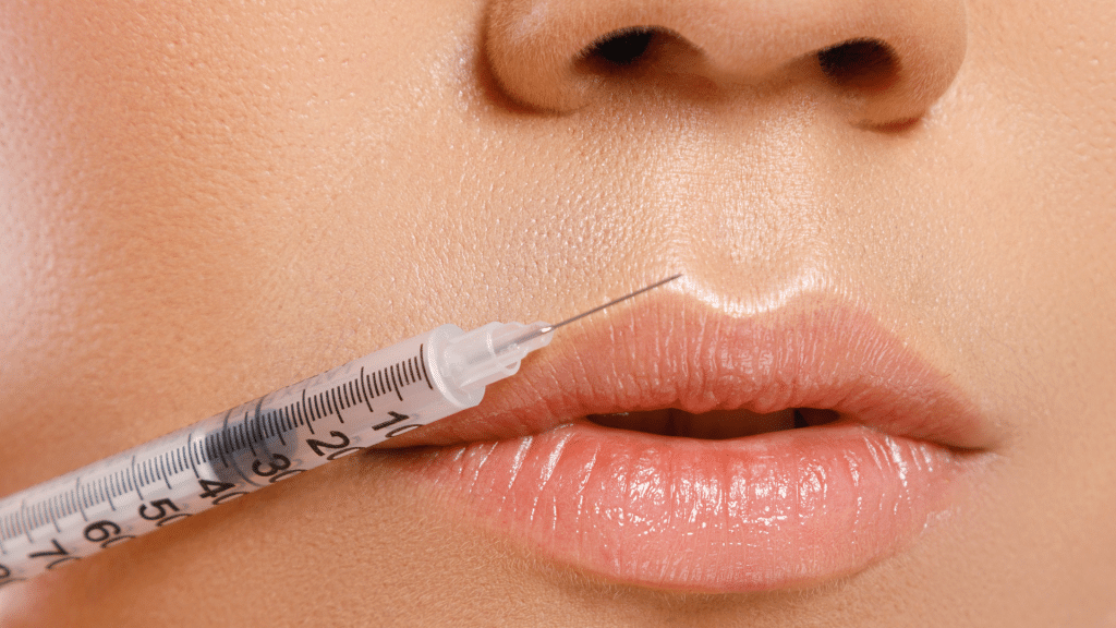 Close-up of a syringe needle approaching a person's lips, suggesting a cosmetic procedure. The skin is smooth and well-lit, emphasizing the lips and the needle.