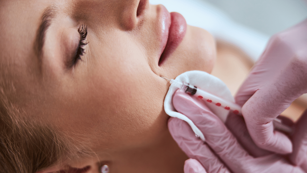 Close-up of a person receiving a facial injection. The individual is lying down with eyes closed, while a hand in pink gloves administers the injection using a syringe. A cotton pad is held against the skin.