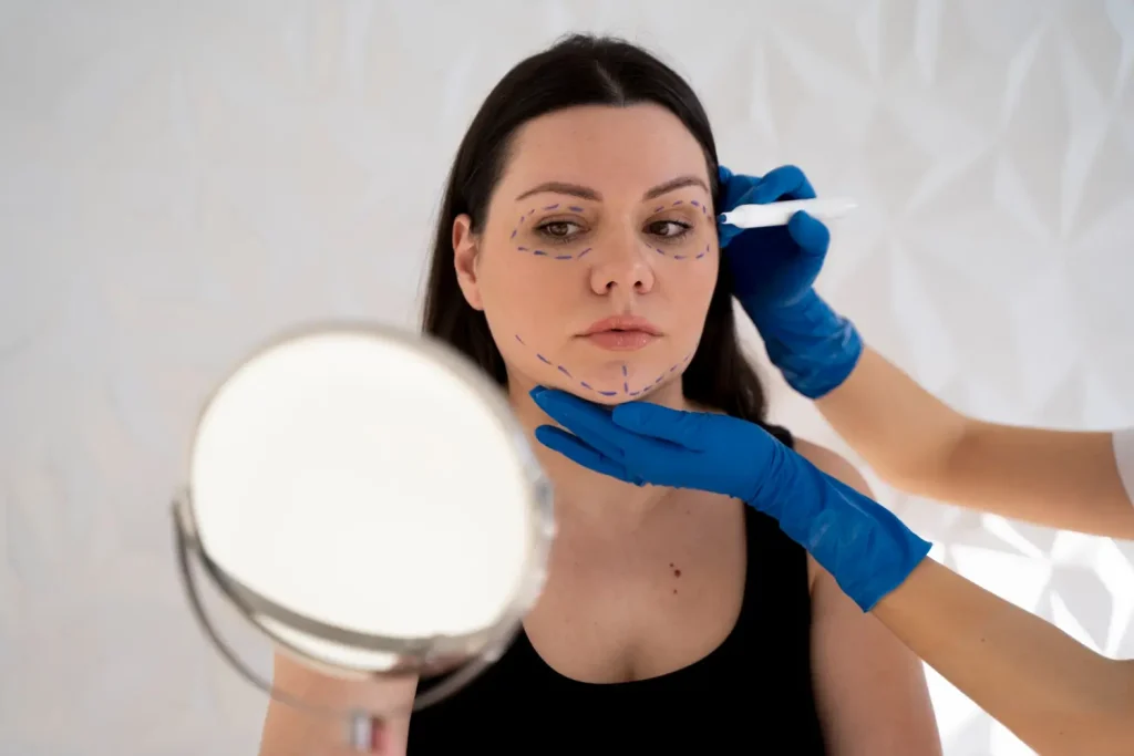 A woman with marks on her face for surgery.