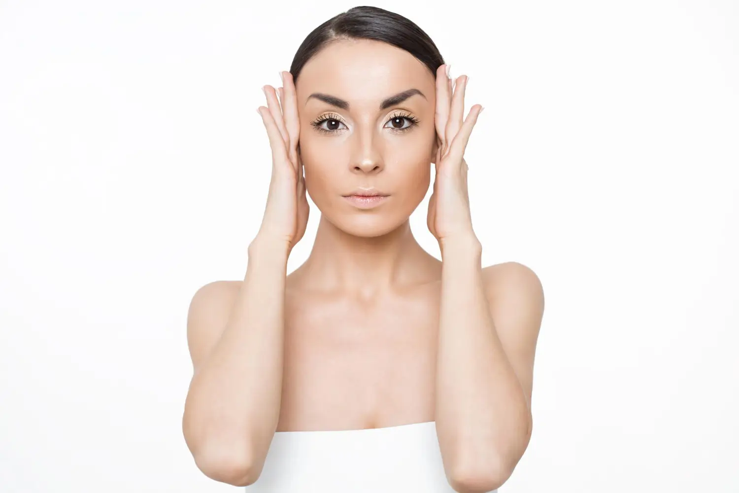 woman stretching her face skin