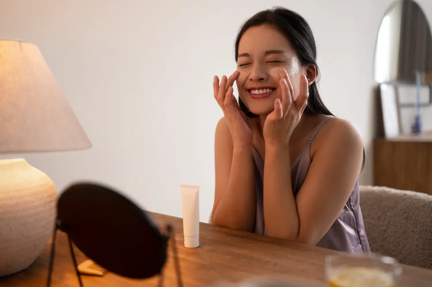 woman feeling pleased with the quality of her skin