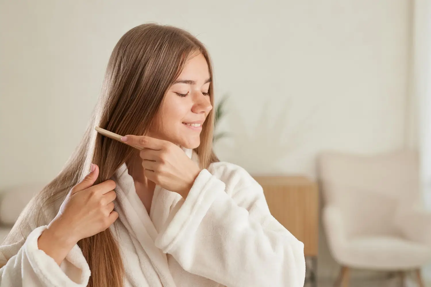 she's brushing her smooth, soft hair